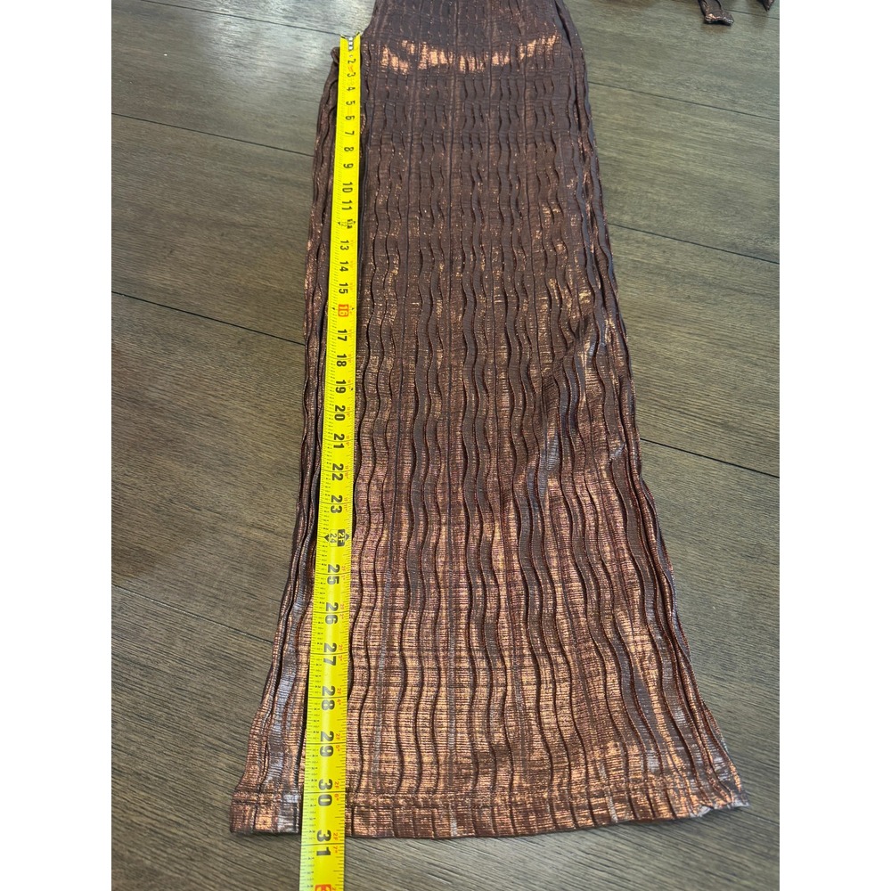 12th Tribe Metallic Bronze Pleated Wide Leg Jumpsuit Deep V Wrap Back XS - Picture 6 of 7